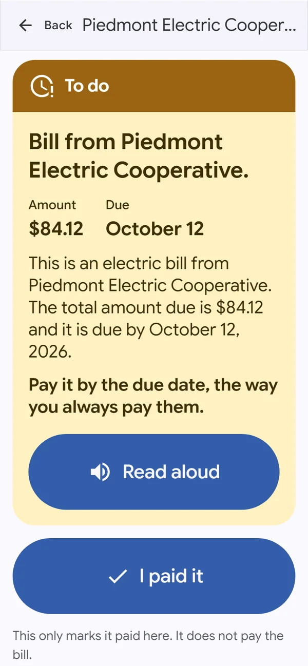 A yellow card, To do. Bill from Piedmont Electric Cooperative, $84.12, due October 12, with a Read aloud button.