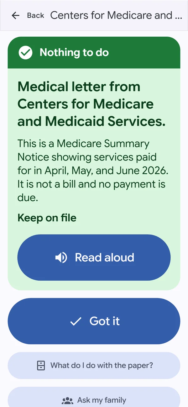 Mom's phone: a green card, Nothing to do. Medical letter from Centers for Medicare and Medicaid Services, a summary for April to June. Keep this for your records.